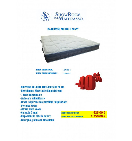 Materasso in lattice 100% Modello Sunny - Tutte le misure disponibili
