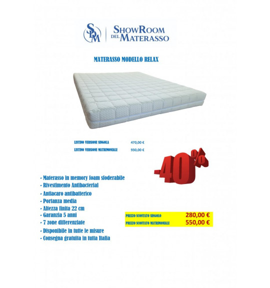 Materasso in Memory Foam Modello Relax - Tutte le misure disponibili