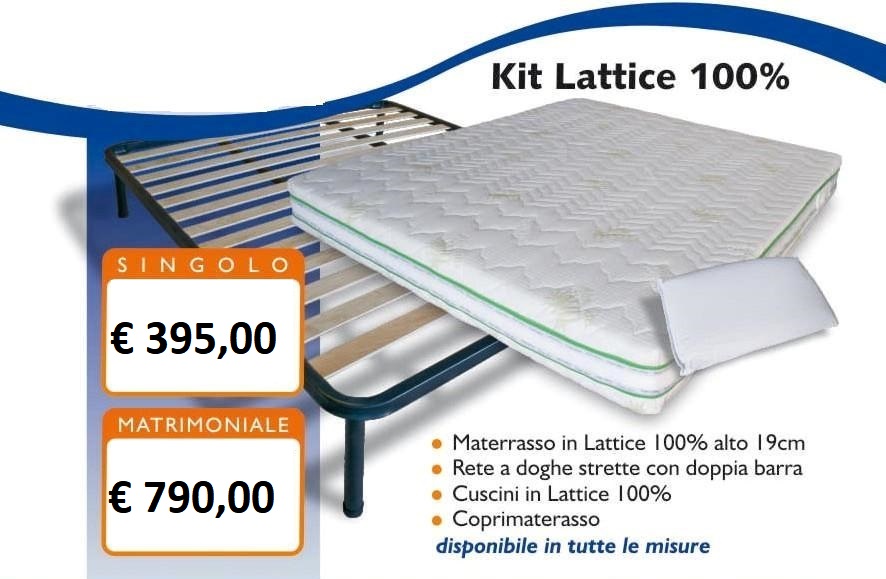 Kit Lattice 100% con Materasso 19 cm  -  Rete - Cuscini - Coprimaterasso _ Tutte le misure disponibili