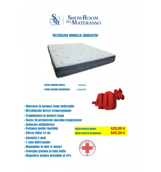 Materasso in Memory Foam Modello Abbraccio - Dispositivo Medico Detraibile,  tutte le misure disponibili
