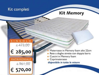 KIT IN MEMORY FOAM CON MATERASSO 22 CM - RETE - CUSCINI - COPRIMATERASSO - DISPONIBILE IN TUTTE LE MISURE ENTRA PER LA SCELTA