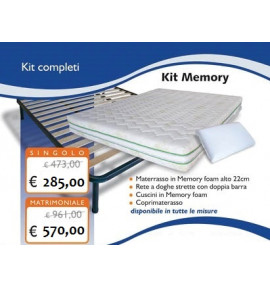 KIT IN MEMORY FOAM CON MATERASSO 22 CM - RETE - CUSCINI - COPRIMATERASSO - DISPONIBILE IN TUTTE LE MISURE ENTRA PER LA SCELTA